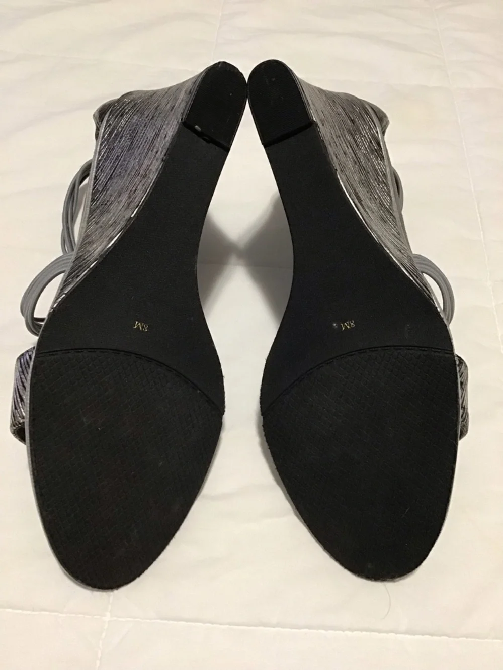 New York Transit Metallic Gray Strappy Wedge Sandals Size 8